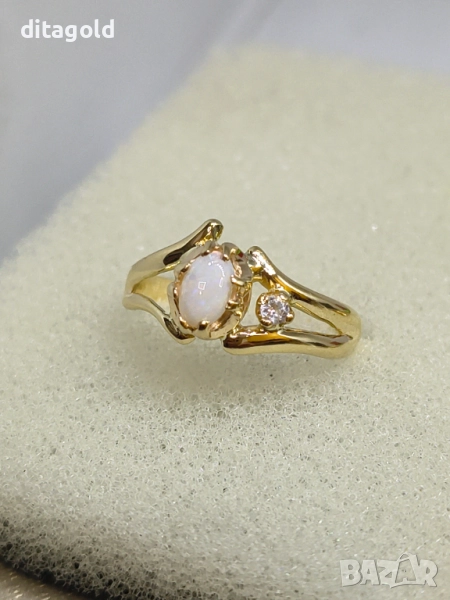 Нов 14К златен пръстен с естествени опал и бял топаз, 2.67 гр 480 лв, снимка 1