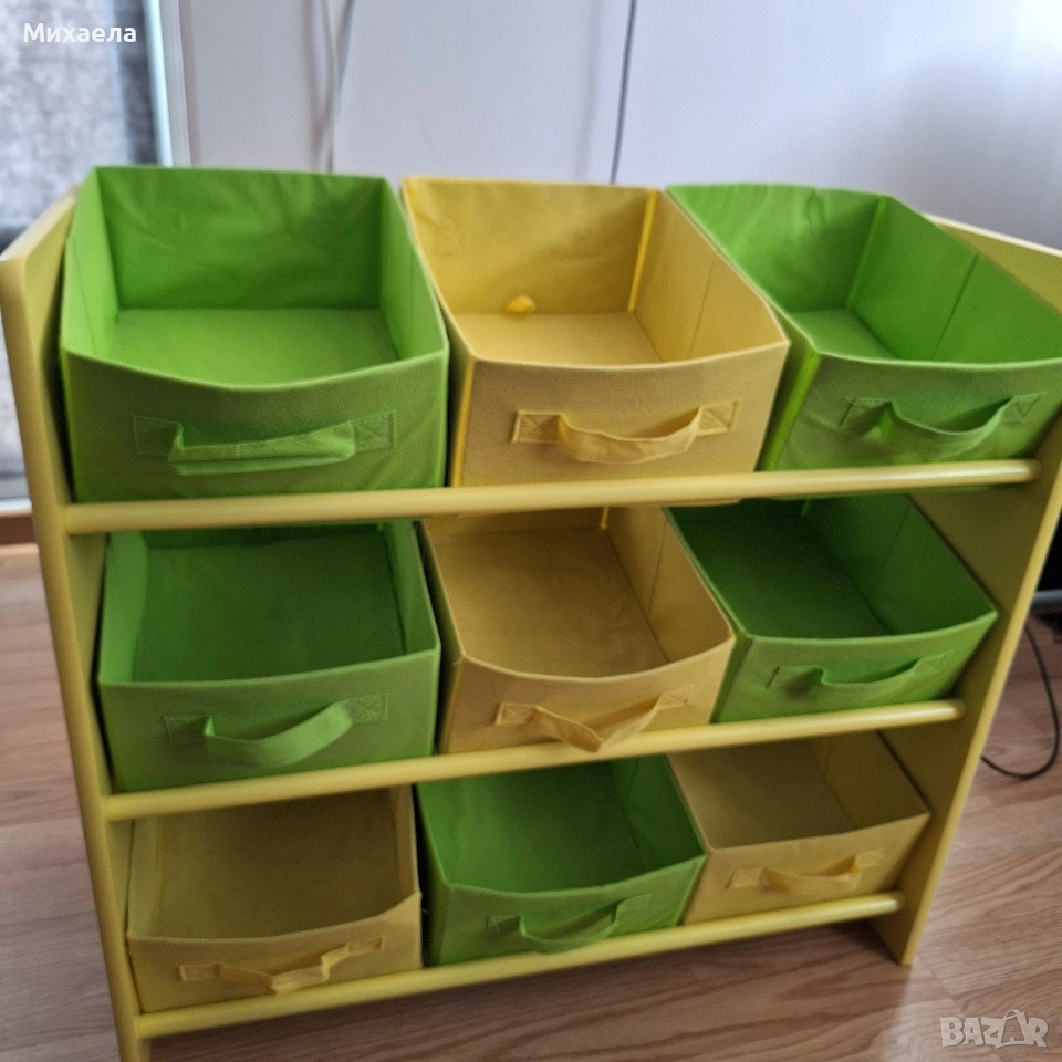 Органайзер за играчки за деца, модел Сафари, дървен, 9 текстилни кутии, жълт/зелен 65x60x30см, снимка 1