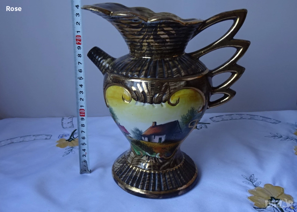 Винтидж керамична ваза, ръчно рисувана от H. Bequet Quaregnon, снимка 1