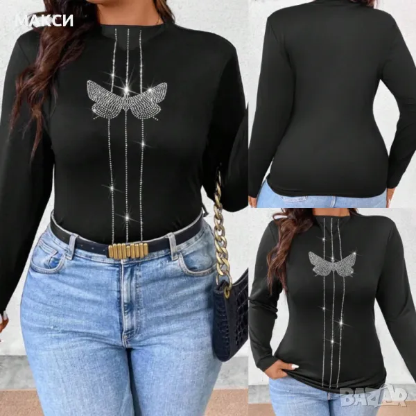Макси модерна силно еластична и много мека черна блуза с ефектна декорация сребристи кристали, снимка 1