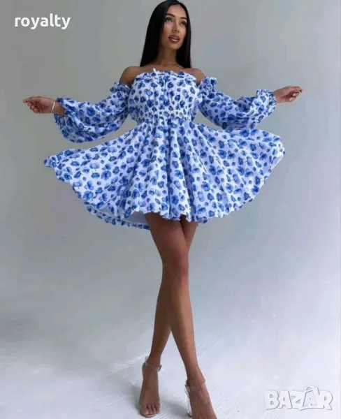 Ефектна синя рокля с паднали рамене Различни цветове , снимка 1