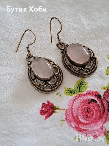 Ретро обеци с розов кварц, снимка 3 - Антикварни и старинни предмети - 42288989