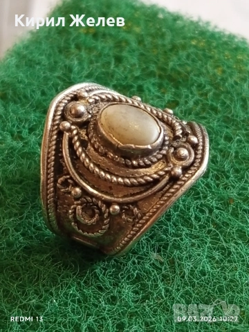 Старинен сребърен пръстен филигранна изработка с СЕДЕФ ювелирна изработка 51348, снимка 2 - Пръстени - 53763327