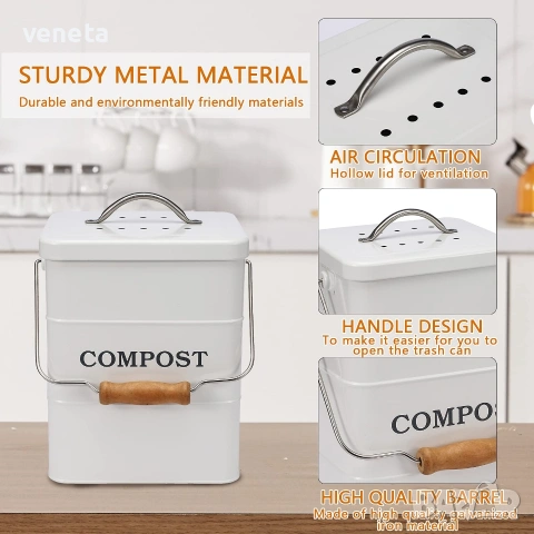 Кухненски кош за компост за отпадъци, кош за боклук без мирис с капак, с филтърна гъба, снимка 2 - Други - 53241978