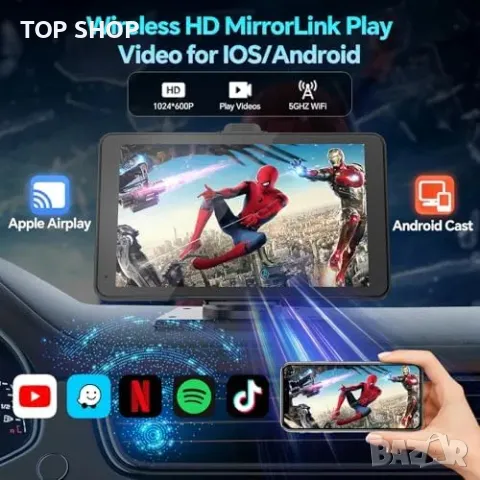 Нов Преносим 7" CarPlay екран за навигация, музика и огледален режим, снимка 4 - Друга електроника - 49945076
