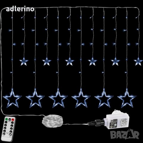 Коледна декорация 12 Звезди LED светлинна завеса, батерия, дистанционно, студено бяло, снимка 2 - Лед осветление - 34315021
