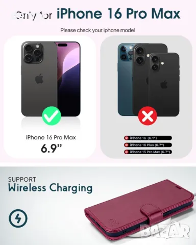 OCASE Кожен калъф за iPhone 16 Pro Max с каишка, стойка, портфейл с RFID блокиране, бордо, снимка 2 - Калъфи, кейсове - 47400771
