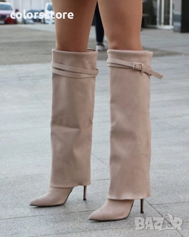 Ботуши на ток - бежов велур - KD100 , снимка 2 - Дамски ботуши - 52816910