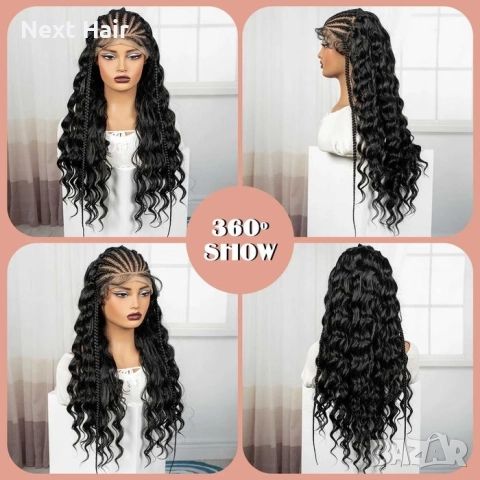 Екзотична черна синтетична перука с пълзящи плитки и къдрава дължина 70 см - Lace Front 13x6, снимка 8 - Аксесоари за коса - 52828530