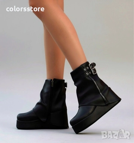 Боти на платформа - черна кожа - DMG25 
