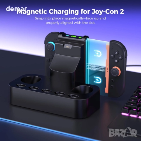 Зарядна станция NEWDERY за контролер Nintendo Switch 2 и Joycon, LED индикатори, слотове за 5 карти, снимка 5 - Аксесоари - 52534599