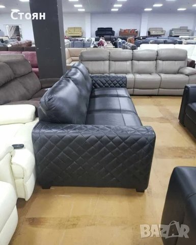 Черен кожен диван голяма тройка, снимка 4 - Дивани и мека мебел - 41534246