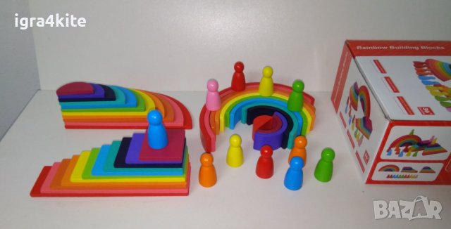 4в1 Сет дървени играчки по модел Grimms с полукръгове, правоъгълни табли, дъга и човечет, снимка 5 - Образователни игри - 38793839