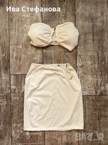 Уникален нов  бял еластичен парти официален коктейлен сет комплект от две части бюстие пола костюм , снимка 6 - Костюми - 49329228