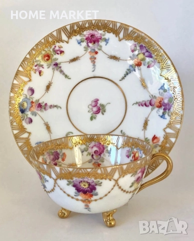Dresden Germany  Circa 1884  Wolfsohn  Tea Cup & Saucer, Footed, Richly Gilded , снимка 3 - Антикварни и старинни предмети - 52692353