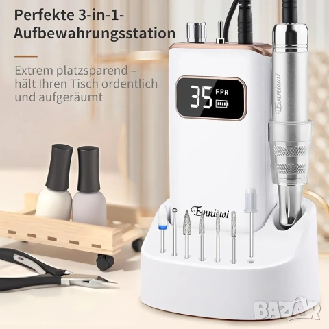 Професионална електрическа пила за нокти Enniewi 35000 RPM със зарядна станция, снимка 5 - Продукти за маникюр - 53265984