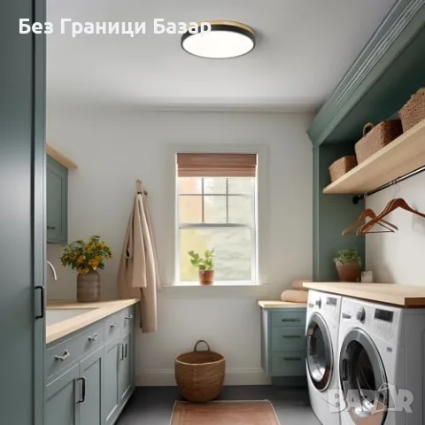 Нова лампа Кръгъл LED Плафон 30 см 24W 4000K Черен Дървен Таванен Осветител стая хол, снимка 4 - Лампи за таван - 56010396