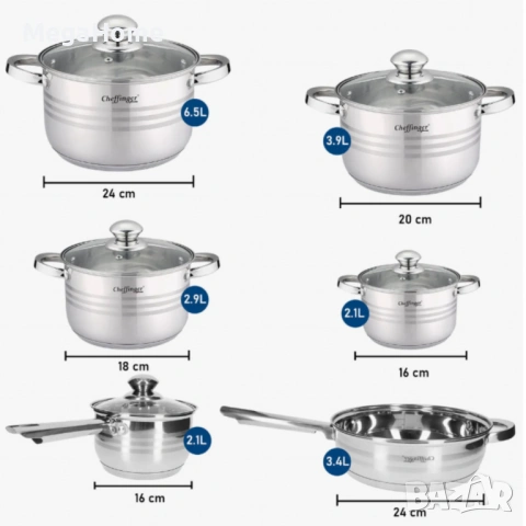 Комплект съдове за готвене Cheffinger, 12 части, Неръждаема стомана, за всички видове котлони, снимка 6 - Съдове за готвене - 53052578