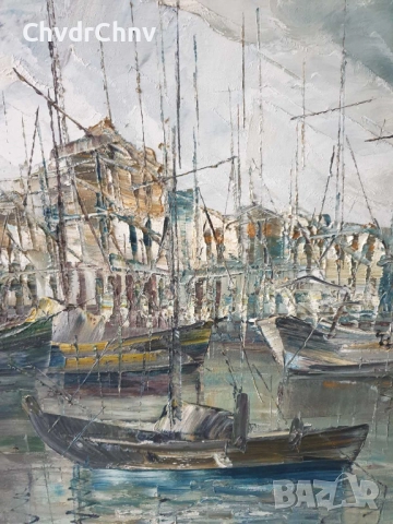 92х73см/голяма картина масло върху платно/морски пейзаж/градски къщи-рибарски лодки, снимка 4 - Картини - 52549568