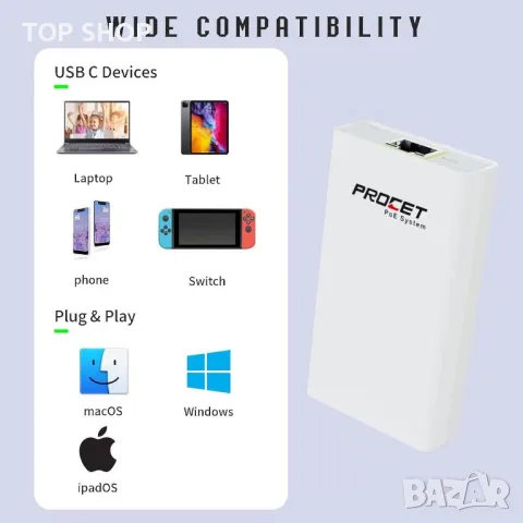 PROCET PoE+ към Type C Ethernet адаптер конвертор 23W,IEEE802.3at PD3.0 захранване и данни към USB С, снимка 7 - Друга електроника - 49785460