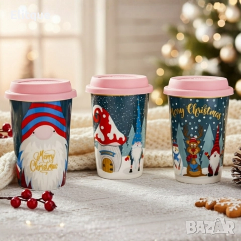 Порцеланова Коледна чаша със силиконов капак, снимка 5 - Чаши - 52503608