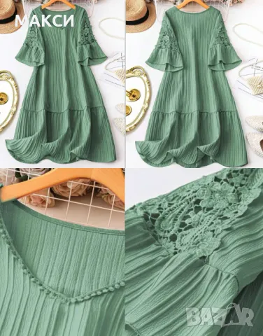 Красива елегантна ефирна рокля с дантела на ръкави и волани в пастелно зелено и тъмно синьо, снимка 1