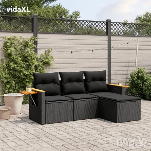 vidaXL Градински диван от 4 части с възглавници, черен, полиратан（SKU: 3226741）, снимка 2 - Дивани и мека мебел - 56125538