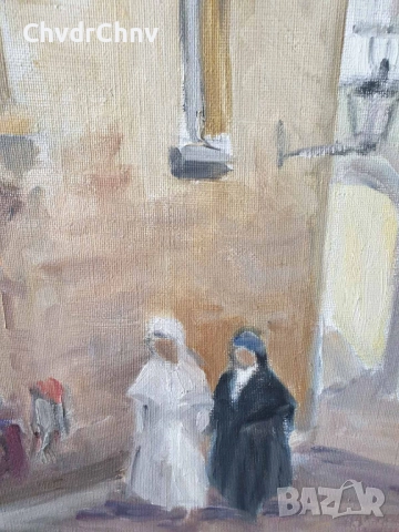 Nilsson 54х46см/шведска стара картина масло върху платно/градски пейзаж/жени-монахини/дървена рамка, снимка 5 - Картини - 51535073