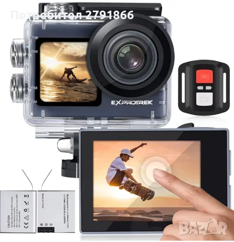 Exprotrek Action Cam 4KВодоустойчива 40M Ultra HD 20MP камера 170° Ултра широкоъгълна WiFi 2 батерии, снимка 1 - Камери - 49262818