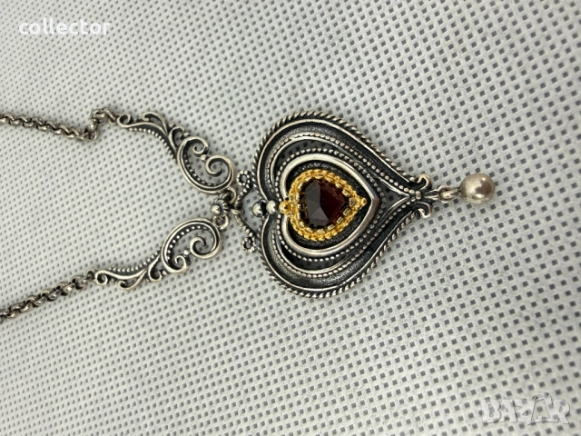 Сребърно колие с гранат и позлата - Ар Деко. №7774, снимка 7 - Колиета, медальони, синджири - 52847565