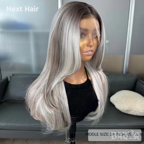 Елегантна сребристо руса перука с тъмни корени - 13×4 Lace Front, снимка 4 - Аксесоари за коса - 56003317