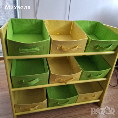 Органайзер за играчки за деца, модел Сафари, дървен, 9 текстилни кутии, жълт/зелен 65x60x30см