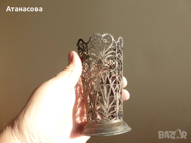 Руски посребрен подстакан ваза филигран 1960 г, снимка 10 - Антикварни и старинни предмети - 52909170