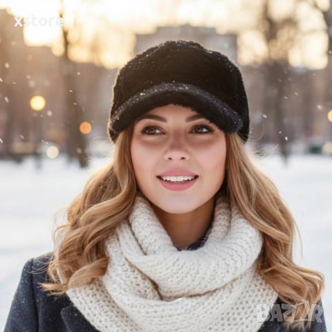 Топла дамска шапка с козирка – зимен пухкав модел, снимка 5 - Шапки - 52796215