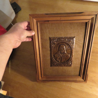 Старинна медна икона на Исус Христос  върху платно и солидна дървена рамка - притежавакте тази икона, снимка 5 - Икони - 36331732