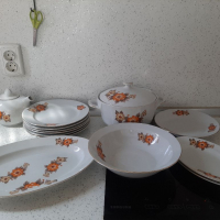 Красив супник с оранжеви цветя порцеланов, снимка 5 - Антикварни и старинни предмети - 36358533