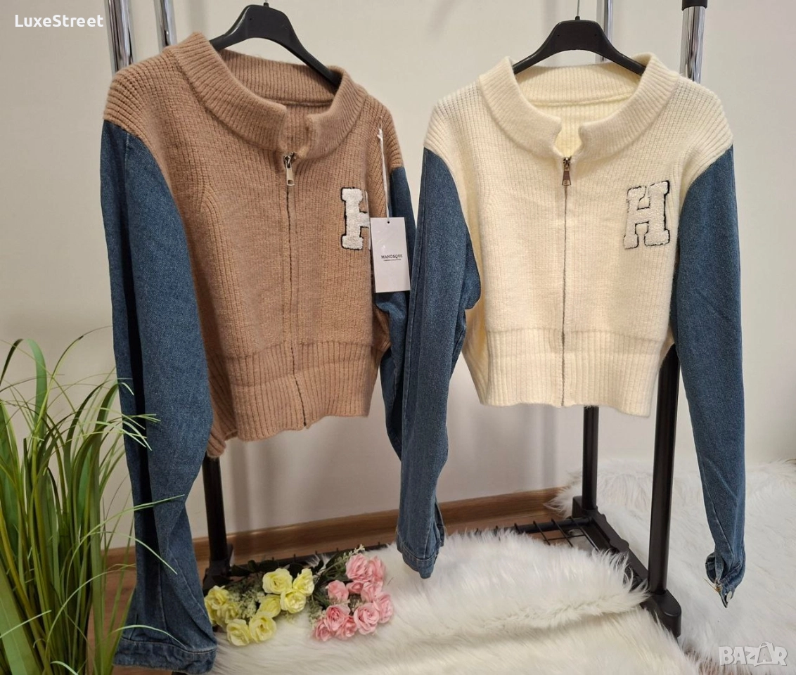 Кашмирена Жилетка с Деним Ръкави - Кафява 🤍, снимка 1