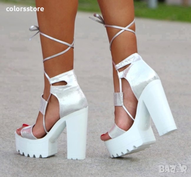 Сандали на ток - сребриста кожа с бяло ходило - 403, снимка 1