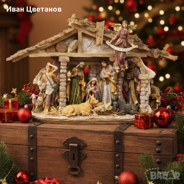 Декоративна сцена на Рождество с дървена постройка и фигурки – Светото семейство и ангел, снимка 1
