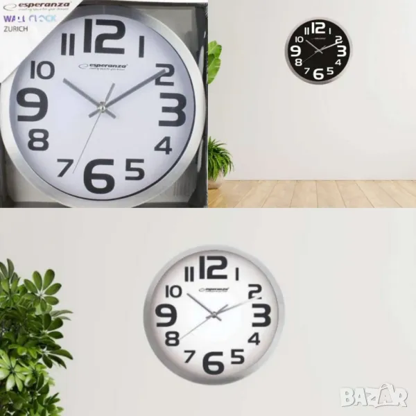 Стенен часовник  Zurich, 25см., големи цифри, кварц, черен, бял, снимка 1