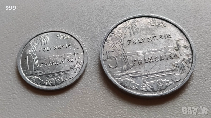 1 франк 1965, 5 франка 1975 Френска Полинезия, снимка 1