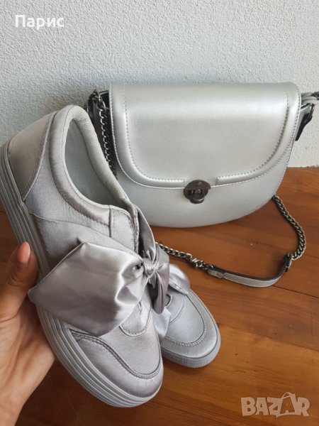 Дамски обувки сиви с панделка, снимка 1