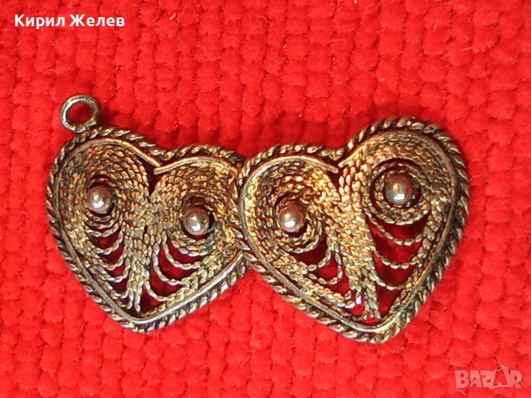 СТАРИННА СРЕБЪРНА ФИЛИГРАННА ВИСУЛКА ДВЕ СЪРЧИЦА РЪЧНА МАЙСТОРСКА РЯДКА ИЗРАБОТКА 31186, снимка 1