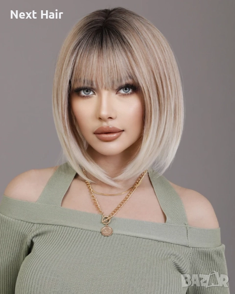 Пепеляво руса къса омбре перука с тъмни корени и светли краища с бретон, снимка 1