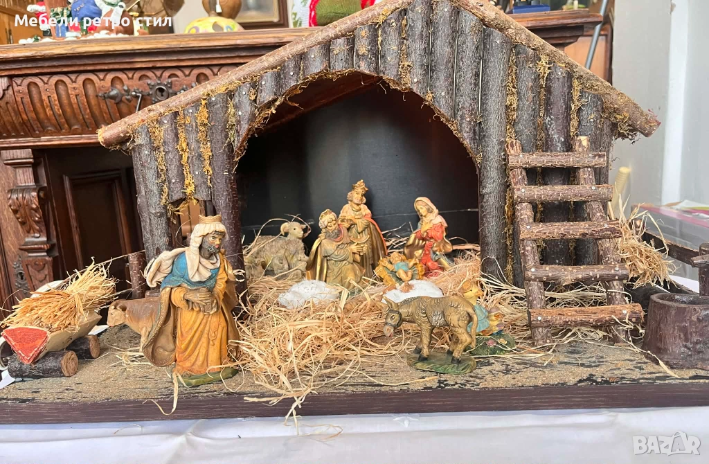 Винтидж ръчно изработен комплект от естествено дърво и декориран със слама. Рождество Христово., снимка 1