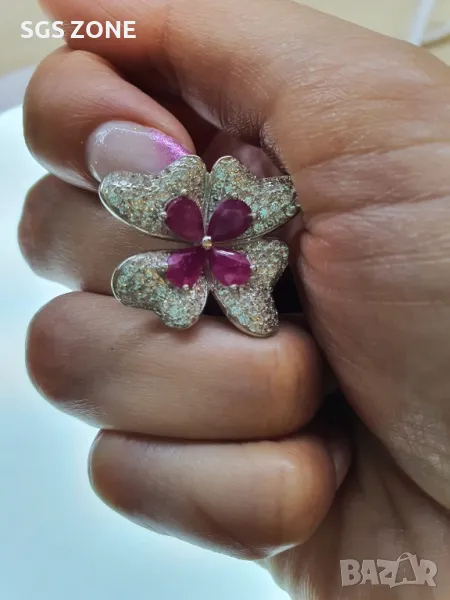 Сребърен Пръстен Цвете с Рубини, снимка 1
