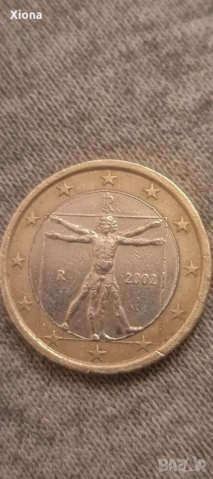 Монета 1 евро Италия Витровинския човек на Леонардо да Винчи, снимка 1