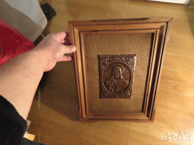 Старинна медна икона на Исус Христос  върху платно и солидна дървена рамка  православна икона, снимка 5 - Икони - 36331732