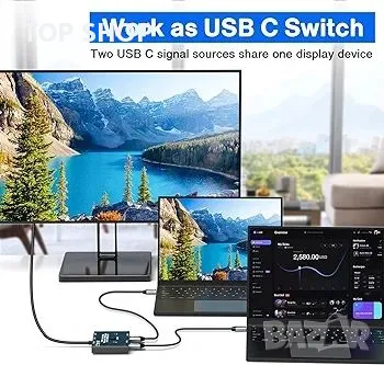 USB-C превключвател, двупосочен USB C превключвател 2 в 1 изход/1 в 2 изход тип C KVM превключвател, снимка 2 - Друга електроника - 48756492