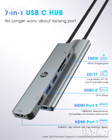 VCOM 7-в-1 USB C хъб, два монитора - 4K HDMI, 1080P HDMI, 2*USB 3.0 данни, PD 100W, снимка 2 - Кабели и адаптери - 44761140